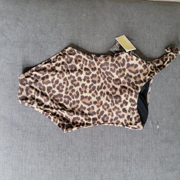 Michael Kors Women Tan Brown Leopard Print knotted one Shoulder Swimsuit sz 8 - Picture 10 of 16